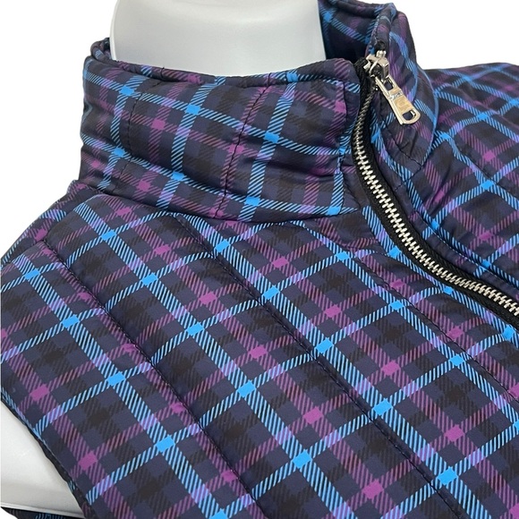 NWT Erin London Puffer Vest Medium Plaid Purple Black Zip Front Adjustable Waist - Picture 4 of 13